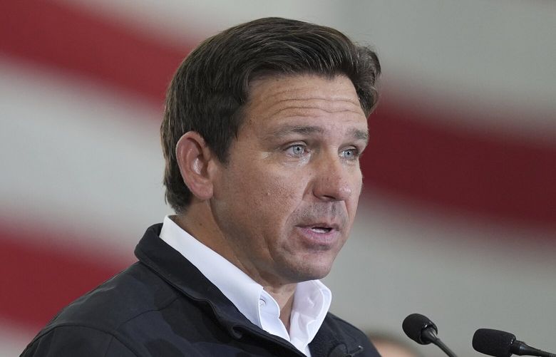 FILE – Florida Gov. Ron De Santis speaks during a press conference on immigration enforcement, at Homestead Air Force Base, Feb. 26, 2025, in Homestead, Fla. (AP Photo/Rebecca Blackwell, File) RPSM102 RPSM102