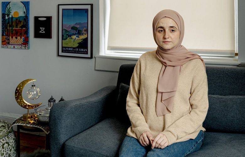 FILE — Noor Abdalla, wife of detained Columbia University student Mahmoud Khalil, at home in New York, March 15, 2025. The Department of Homeland Security denied Khalil permission to attend the birth of his first child, who was delivered at a New York hospital on Monday, April 21, 2025, according to emails reviewed by The New York Times. (Shuran Huang/The New York Times) XNYT0170 XNYT0170