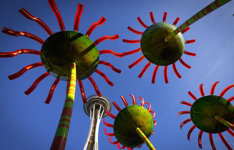 Sonic Bloom,” is a 2013 sculpture by Dan Corson that appears to sprouting up near the Space Needle during a sunny Sunday, Dec. 1, 2024 in Seattle. The “blooms” actually have custom solar panels which recharge a glowing light at night, according to a sign nearby. More sunshine is forecast for the week.