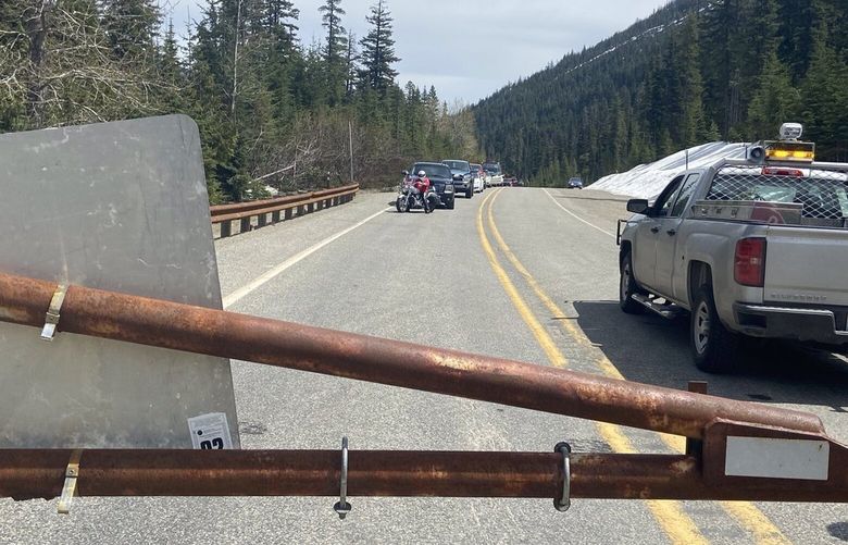 People lined up for the opening of the gate on Highway 20 on Wednesday, May 5, 2021.