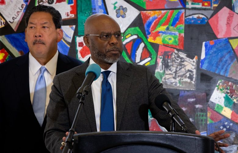 Seattle Public Schools Superintendent Brent Jones helps announce new safety and mental health initiatives at SPS for the new school year alongside Mayor Bruce Harrell at a press conference at Rainier Beach High School in Seattle on Thursday, Aug. 22, 2024. “I believe we can create this ecosystem of safety,” Jones said.  227856