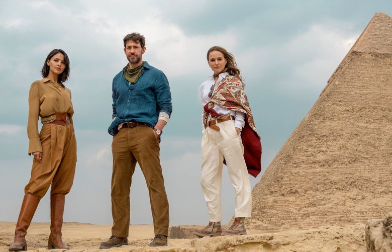 Eiza González, John Krasinski and Natalie Portman in “Fountain of Youth.”
