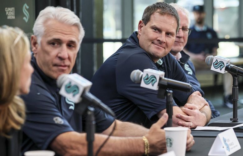 Samantha Holloway, Owner and Chair of Seattle Kraken, fields a question as Ron Francis, President, Jason Botterill and Tod Leiweke, CEO of Seattle Kraken, look on during a press conference Tuesday afternoon at  Kraken Community Iceplex in Seattle, Washington, on April 22, 2025. 229859