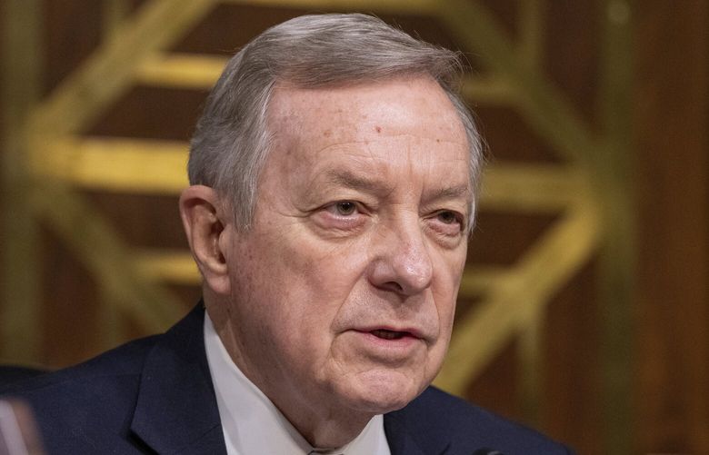 FILE – Sen. Dick Durbin, D-Ill., speaks during a hearing of the Senate Appropriations Committee, on Capitol Hill, Wednesday, Nov. 8, 2023, in Washington. (AP Photo/Alex Brandon, File) WX103 WX103