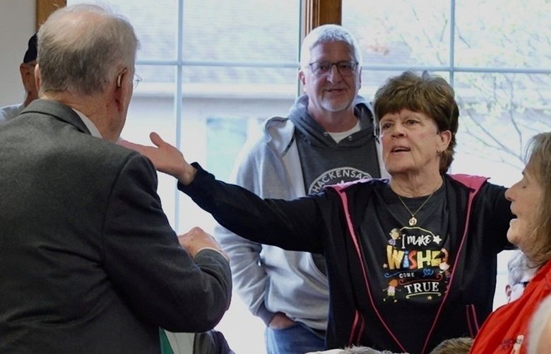 Sen. Chuck Grassley takes questions from constituents during a contentious town hall event in Northwood, Iowa on Wednesday, April 23, 2025. (AP photo/Mark Vancleave) IAMV303 IAMV303