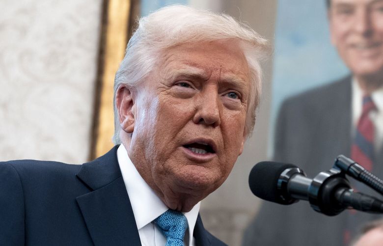 President Donald Trump speaks at a ceremony where Paul Atkins was sworn in as the chairman of the Securities and Exchange Commission in the Oval Office of the White House in Washington, on Tuesday, April 22, 2025. In an astonishing escalation of the Trump family’s efforts to profit from cryptocurrencies, a website promoting Trump’s so-called memecoin announced on Wednesday that the coin’s largest buyers would be invited to meet with him. (Doug Mills/The New York Times) XNYT0837 XNYT0837