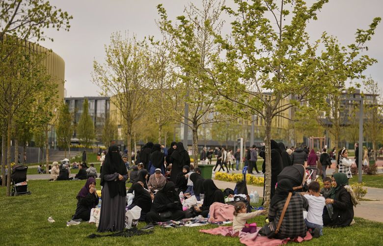 People gather outdoors following an earthquake shock with a preliminary magnitude of 6.2, in Istanbul, Turkey, Wednesday, April 23, 2025. (AP Photo/Khalil Hamra) FS102 FS102