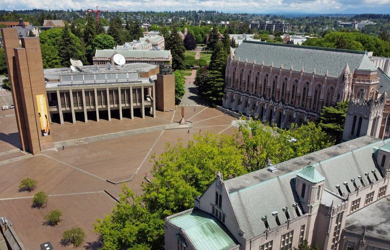 The University of Washington’s Red Square, with the quad in the background is seen from the air, Wednesday, May 19, 2021 in Seattle. Washington’s 6 public universities are going “test optional,” no longer requiring the SAT/ACT for admissions. 217185