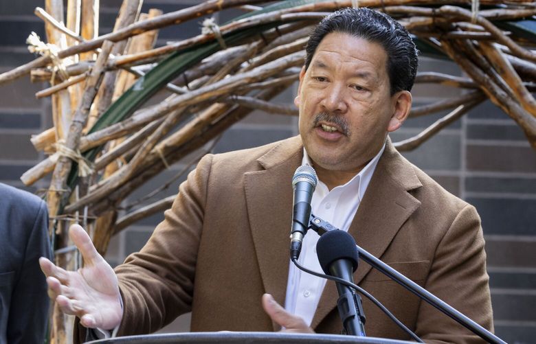 SSeattle Mayor Bruce Harrell speaks at a  press conference to propose renewing an education levy Wednesday, April 23, 2025.  His Every Child Ready Initiative aims, in part, to expand access to high-quality affordable early learning and childcare and to sustain K-12 academic and enrichment supports and college scholarships for recent Seattle public high school graduates.  At left is Dwane Chapelle, director of the department of education and early learning for the City of Seattle.
 229869