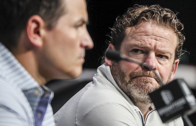 Mike Macdonald, head coach of the Seahawks, and John Schneider, general manager of the Seahawks, fields questions on the upcoming 2025 NFL Draft Monday afternoon at the Virginia Mason Athletic Center in Renton, Washington, on April 21, 2025. 229801