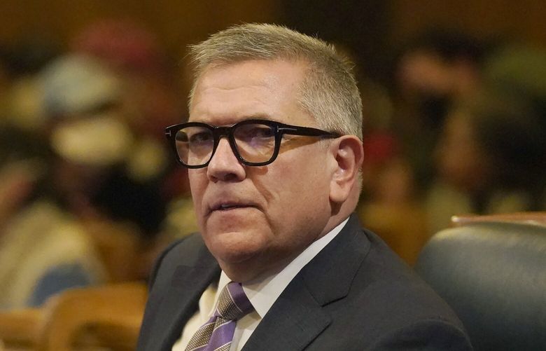 FILE – Supervisor Matt Dorsey is shown during a San Francisco Board of Supervisors meeting in San Francisco, Tuesday, Jan. 9, 2024. (AP Photo/Jeff Chiu, File) NYPH680 NYPH680