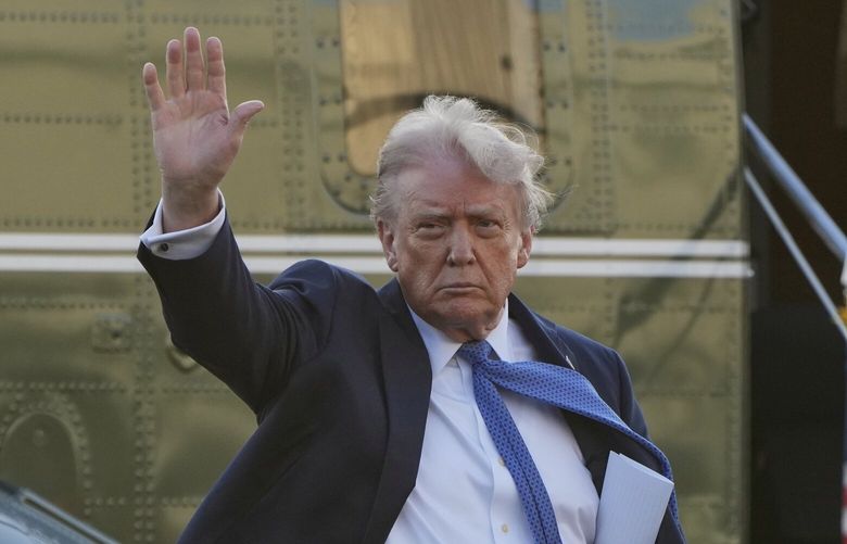 President Donald Trump arrives at Leesburg Executive Airport on Marine One in Leesburg, Va., Thursday, April 24, 2025, en route to Trump National Golf Club Washington DC in Sterling, Va. (AP Photo/Jacquelyn Martin) VAJE323 VAJE323