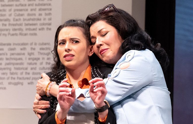 On top of dealing with an art heist, Miami gallerist Mari (Beth Pollack) has to deal with the arrival of her movie star mother Estella (Diana Burbano) in the comedy “Laughs in Spanish,” running through May 11 at Seattle Rep.
