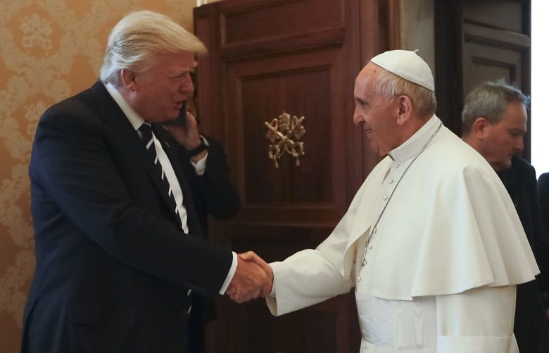 FILE – Pope Francis meets with President Donald Trump, left, on the occasion of their private audience, at the Vatican, May 24, 2017. (AP Photo/Alessandra Tarantino, Pool, File) XBL138 XBL138
