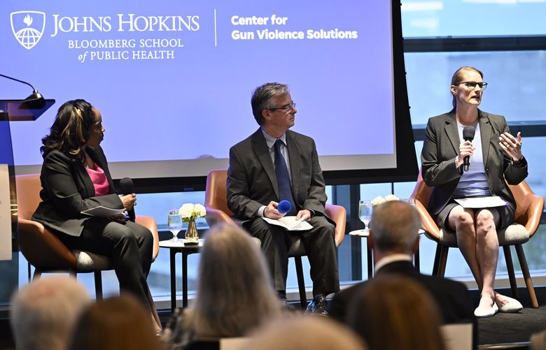 The author, Cass Crifasi, is at far right, with Michelle Spencer, deputy director, Bloomberg American Health Initiative, at far left, and co-director of the Johns Hopkins Center for Gun Violence Solutions Josh Horwitz. (Johns Hopkins Center for Gun Violence Solutions at the Bloomberg School of Public Health)