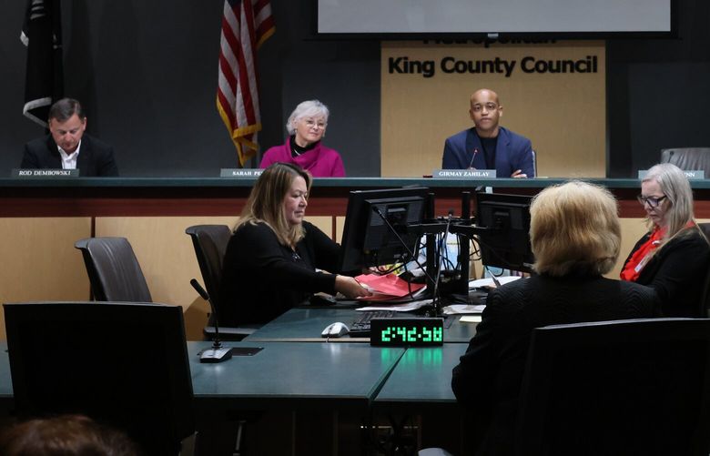 Left to right are King County Councilmembers Rod Dembowski, Sarah Perry, Girmay Zahilay, and Claudia Balducci during a King County Council meeting in council chambers Tuesday, January 28, 2025.