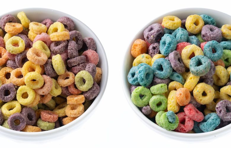 Servings of Froot Loops from Canada (left) and the United States (right), in New York on April 22, 2025. Companies make packaged food without synthetic dyes in other countries. But despite pressure from Robert F. Kennedy Jr., the change isn’t likely to happen quickly in the United States. (Tony Cenicola/The New York Times)