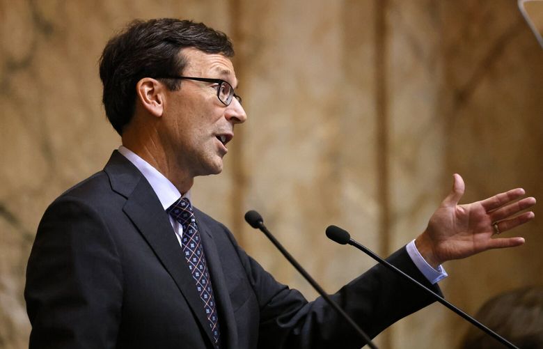 Newly sworn-in Gov. Bob Ferguson gives his Inaugural address to a joint legislative session in the House chambers at the Washington State Capitol, in Olympia on Wednesday January 15, 2025.