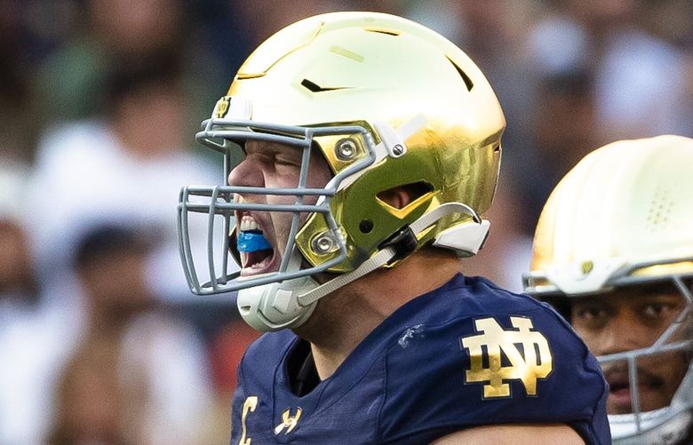 Notre Dame defensive lineman Rylie Mills (99) celebrates during the second half of an NCAA college football game against Stanford, Saturday, Oct. 12, 2024, in South Bend, Ind. (AP Photo/Michael Caterina)