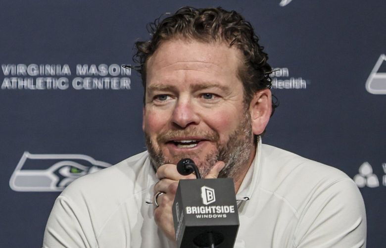 Mike Macdonald, head coach of the Seahawks, and John Schneider, general manager of the Seahawks, fields questions on the upcoming 2025 NFL Draft Monday afternoon at the Virginia Mason Athletic Center in Renton, Washington, on April 21, 2025. 229801