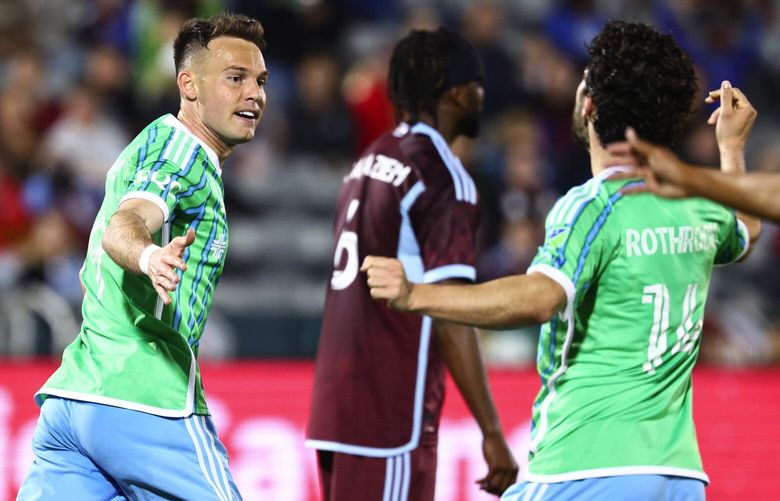 Sounders forward Danny Musovski celebrates a goal in the 45th minute against the Colorado Rapids at Dick’s Sporting Good Park in Commerce City, Colorado April 26, 2025. (Tyler Schank / Seattle Sounders)