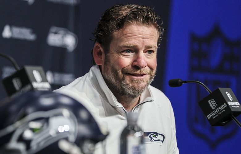 John Schneider, general manager of the Seahawks, fields questions on the upcoming 2025 NFL Draft Monday afternoon at the Virginia Mason Athletic Center in Renton, Washington, on April 21, 2025. 229801