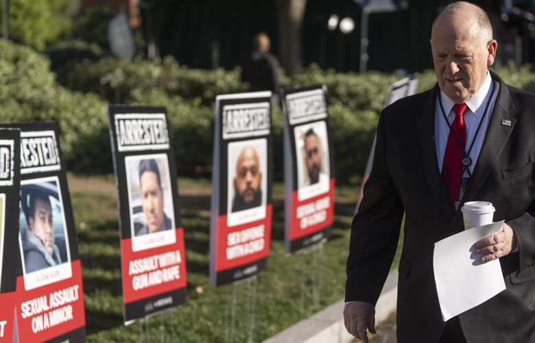 White House border czar Tom Homan walks off following a television interview at the White House, Monday, April 28, 2025, in Washington. (AP Photo/Mark Schiefelbein) DCMS111 DCMS111