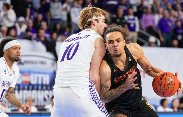 High Point forward Simon Hildebrandt defends Winthrop forward Kelton Talford during the Big South Championship NCAA college basketball game, March 9, 2025, in Johnson City, Tenn.
