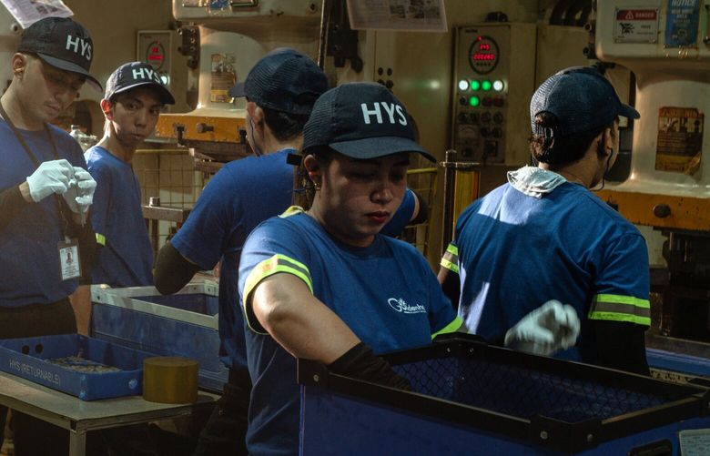 Workers at a factory in Malvar, in the Philippine province of Batangas, on April 8, 2025. President Donald Trump’s turnover of the economic order has unleashed changes that could prove lasting, because other countries will adjust. (Jes Aznar/The New York Times)