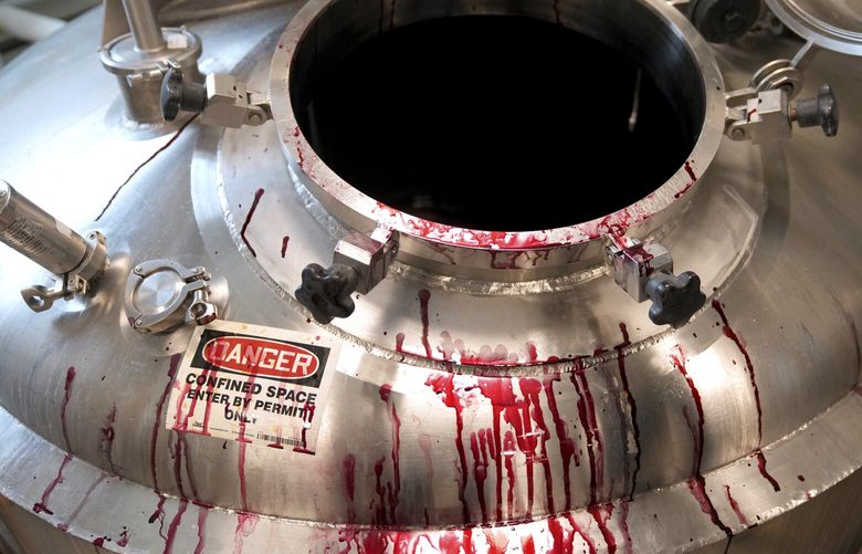 Beet juice is seen on a mixing tank used in the making of coloring at Sensient Technologies Corp., a color additive manufacturing company, in St. Louis, on Wednesday, April 2, 2025. (AP Photo/Jeff Roberson) NY863 NY863
