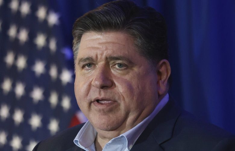 Illinois Gov. JB Pritzker speaks during the McIntyre-Shaheen 100 Club Dinner, Sunday April 27, 2025, in Manchester, N.H. (AP Photo/Reba Saldanha) NHRS103 NHRS103