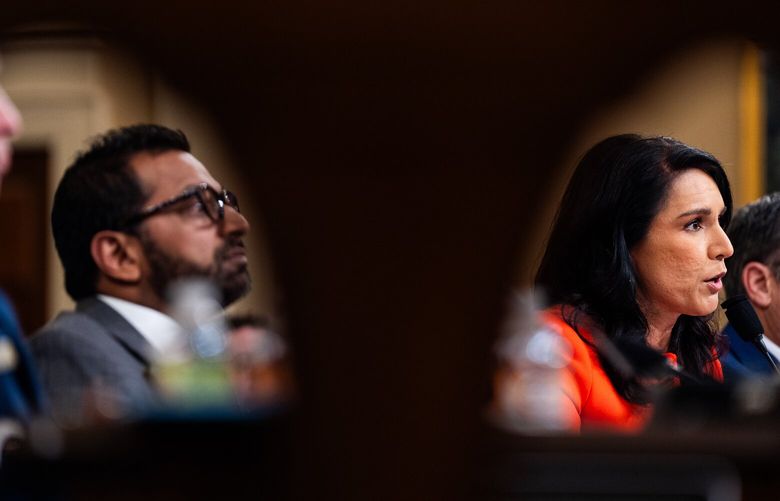 Director of National Intelligence Tulsi Gabbard and FBI Director Kash Patel attend a House Intelligence Committee hearing on Capitol Hill on March 26. MUST CREDIT: Demetrius Freeman/The Washington Post