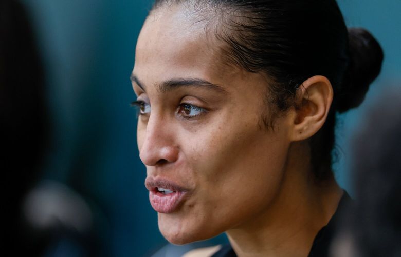 Seattle Storm guard Skylar Diggins talks to reporters after the opening day of training camp Sunday, April 27, 2025 in Seattle. 229808