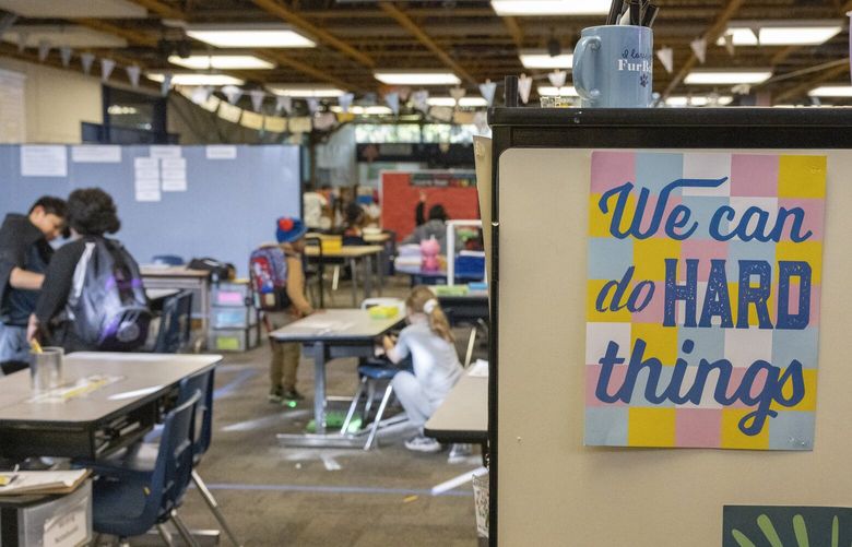 Students work in one of the classrooms at their open concept school â€” Sanislo Elementary School.  Sanislo located at 1812 SW Myrtle St. in West Seattle, is one of the four schools on the closure list last year. Parents and staff have complained of leaky roofs and other maintenance issues. The district also does not like that many of the school’s students are taught in one large room, with the classrooms separated by bookcases and partitions.
Shot Wednesday, January 29, ,2025.
 229153