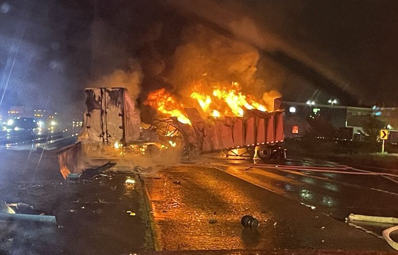 Crews are on scene of a semi truck collision. They are working to extinguish the fire. I-5 Northbound is blocked at 84th St. South in Tacoma. (West Pierce Fire & Rescue)