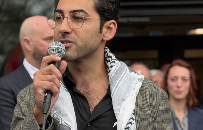 Mohsen Mahdawi speaks outside the courthouse after a judge released the Palestinian student activist on Wednesday, April 30, 2025 in Burlington, Vt.  (AP Photo/Amanda Swinhart) vtas103 vtas103