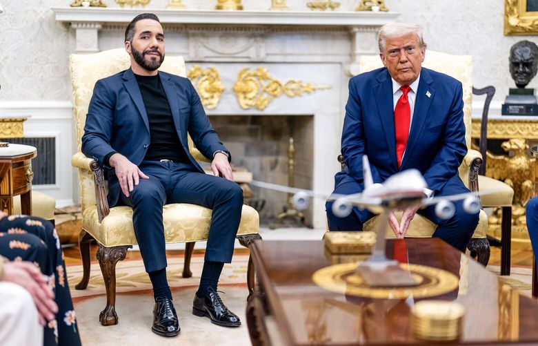 FILE – President Nayib Bukele of El Salvador meets with President Donald Trump in the Oval Office of the White House in Washington, April 14, 2025. Bukele has reportedly refused a Trump administration diplomatic request to release a Salvadoran immigrant whom the Justice Department says was wrongly deported there. It remained unclear whether the diplomatic effort was a genuine. (Eric Lee/The New York Times) XNYT0094 XNYT0094