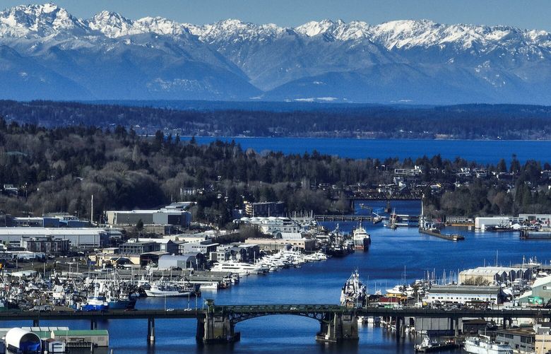 A lone boat approaches the Ballard Bridge, seen from the air with the snowy Olympic Mountain Range in the background, as sunny and cold weather continues, Tuesday, Feb. 11, 2025, in Seattle. Off in the distance, the Ballard Locks and Puget Sound.