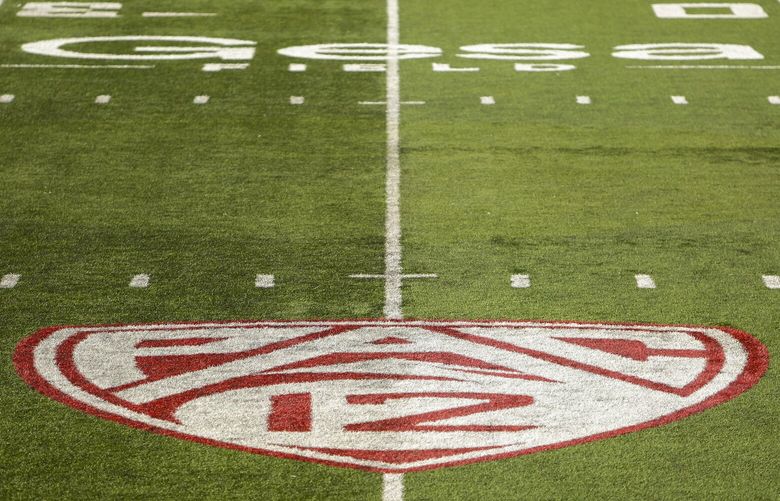 The Pac-12 Conference logo at Martin Stadium during an NCAA college football game between Washington State and Northern Colorado, Sept. 16, 2023, in Pullman, Wash.