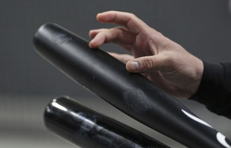 Jared Smith speaks about torpedo baseball bats during an interview at Victus Sports in King of Prussia, Pa., Wednesday, April 2, 2025. (AP Photo/Matt Rourke) PAMR201 PAMR201