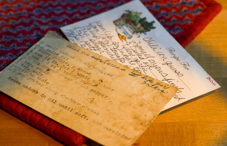 Chef Cynthia Nims’ late mother’s Chili Con Queso recipe along with her upated one at her home in West Seattle, Washington, on March 31, 2025.