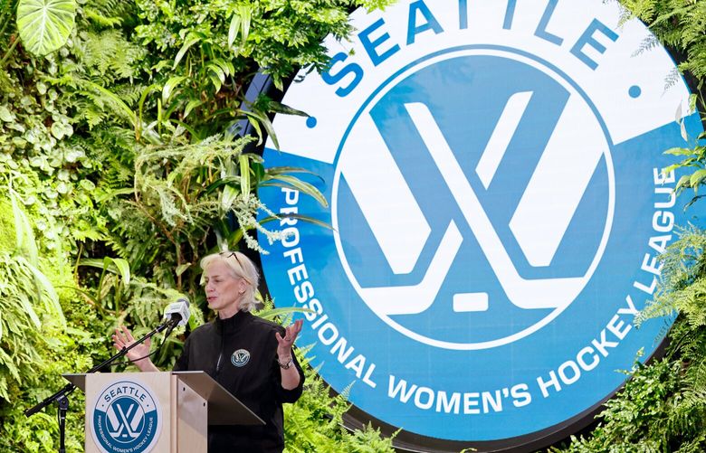 PWHL Executive Vice President of business operations Amy Scheer speaks during a press conference announcing the newest PWHL expansion team will be awarded to Seattle at Climate Pledge Arena Wednesday, April 30, 2025 in Seattle. 229923