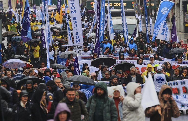 Protesters march during Labor Day celebrations in Istanbul, Turkey, Thursday, May 1, 2025. (Omer Yildiz/DIA Photo via AP) KH104 KH104