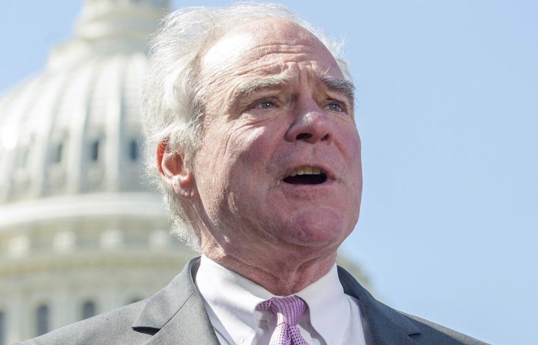 FILE – Sen. Tim Kaine, D-Va., speaks during a news conference regarding President Donald Trump’s pending tariffs on Canada, at the Capitol, April 1, 2025, in Washington. (AP Photo/Rod Lamkey, Jr.. File) WX502 WX502