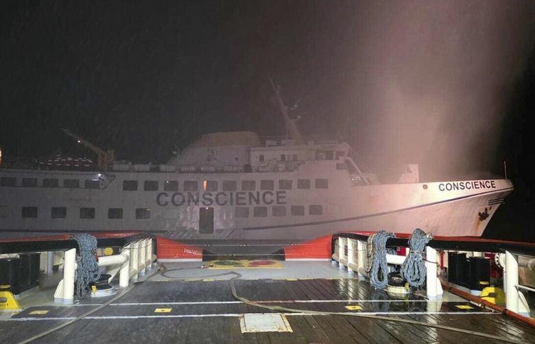 This photo provided by the Goverment of Cyprus and taken from the EDT ship AEOLUS shows The Conscience, after a drone struck the vessel carrying aid to Gaza off the coast of Malta, Friday, May 2, 2025. (Government of Cyprus via AP) JMA101 JMA101
