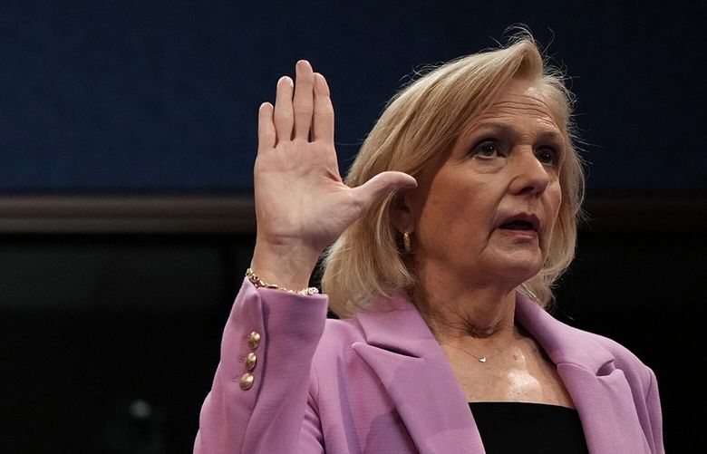 President and CEO of National Public Radio Katherine Maher, left, and President and CEO of Public Broadcasting Service Paula Kerger are sworn in before a House Oversight and Government Reform Committee hearing at the U.S. Capitol on March 26, 2025, in Washington, D.C.  (Andrew Harnik/Getty Images/TNS) 139992443W 139992443W