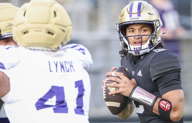 Washington Huskies quarterback Demond Williams Jr. (2) looks on before throwing in the second quarter during a spring scrimmage game at Husky Stadium in Seattle this year, on Friday, May 2, 2025.  229831