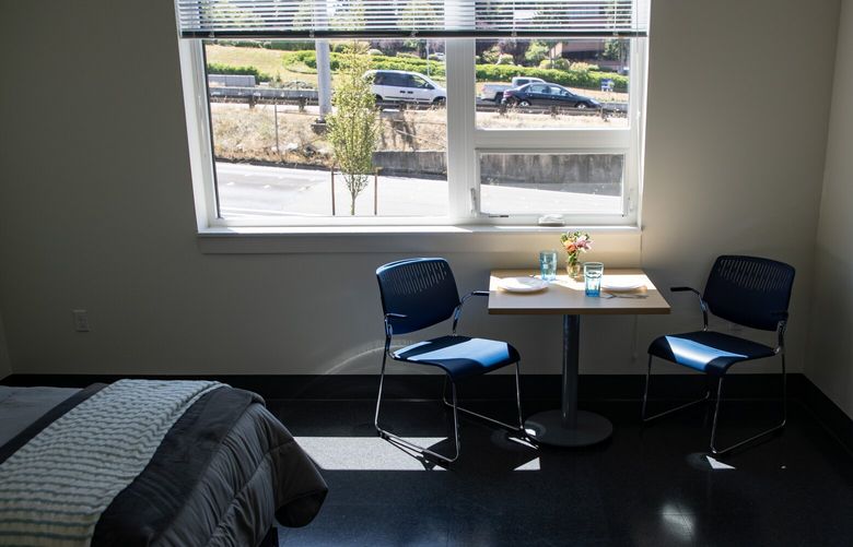 A first story room at Plymouth Crossing, the Eastside’s first permanent supportive housing building Friday, July 14, 2023, in Bellevue.