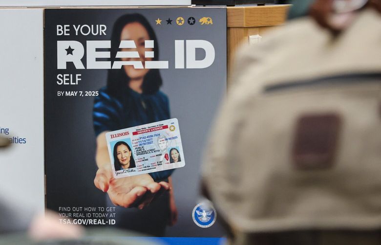 A REAL ID announcement placard at Security Checkpoint 3  Wednesday morning at Seattle-Tacoma International Airport, in Seatac, Washington, on April 16, 2025. 229796