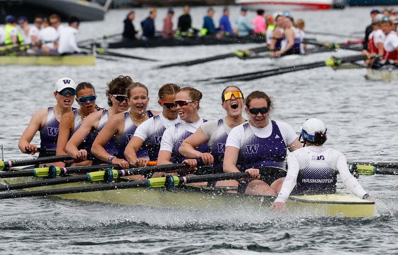 UW Huskies women’s crew team rejoice after winning the Women’s Windermere Cup 8+ in Seattle on Saturday, May 3rd, 2025,